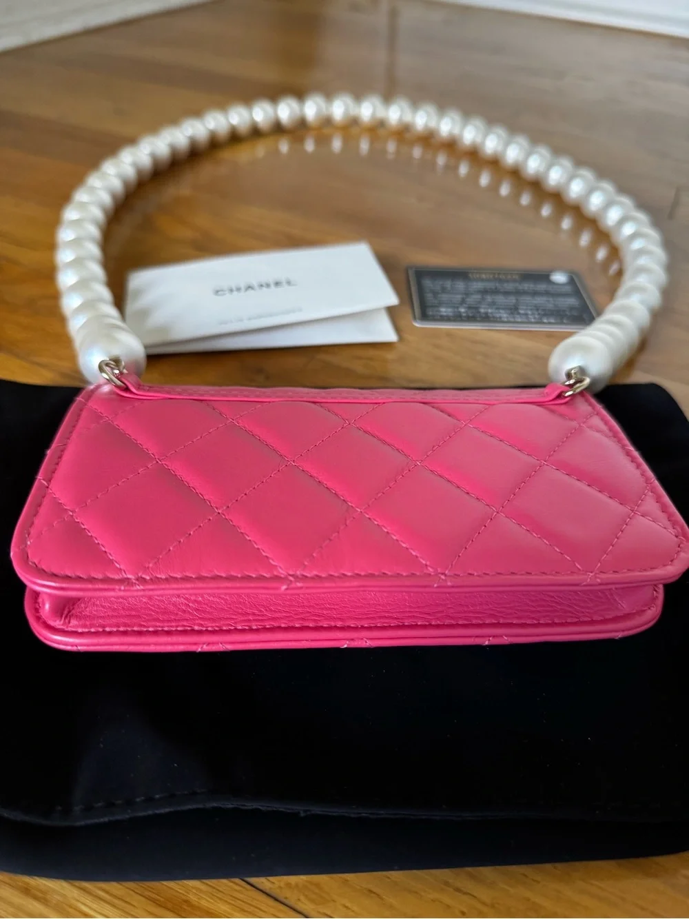 CHANEL Hot Pink Quilted Mini Wallet with Pearl Chain